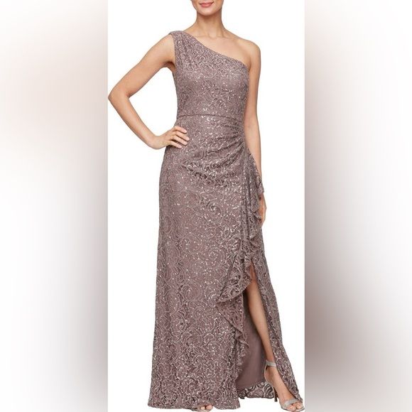 Alex Evenings Dresses & Skirts - Alex Evenings One Shoulder sequin Lace A line gown in mocha